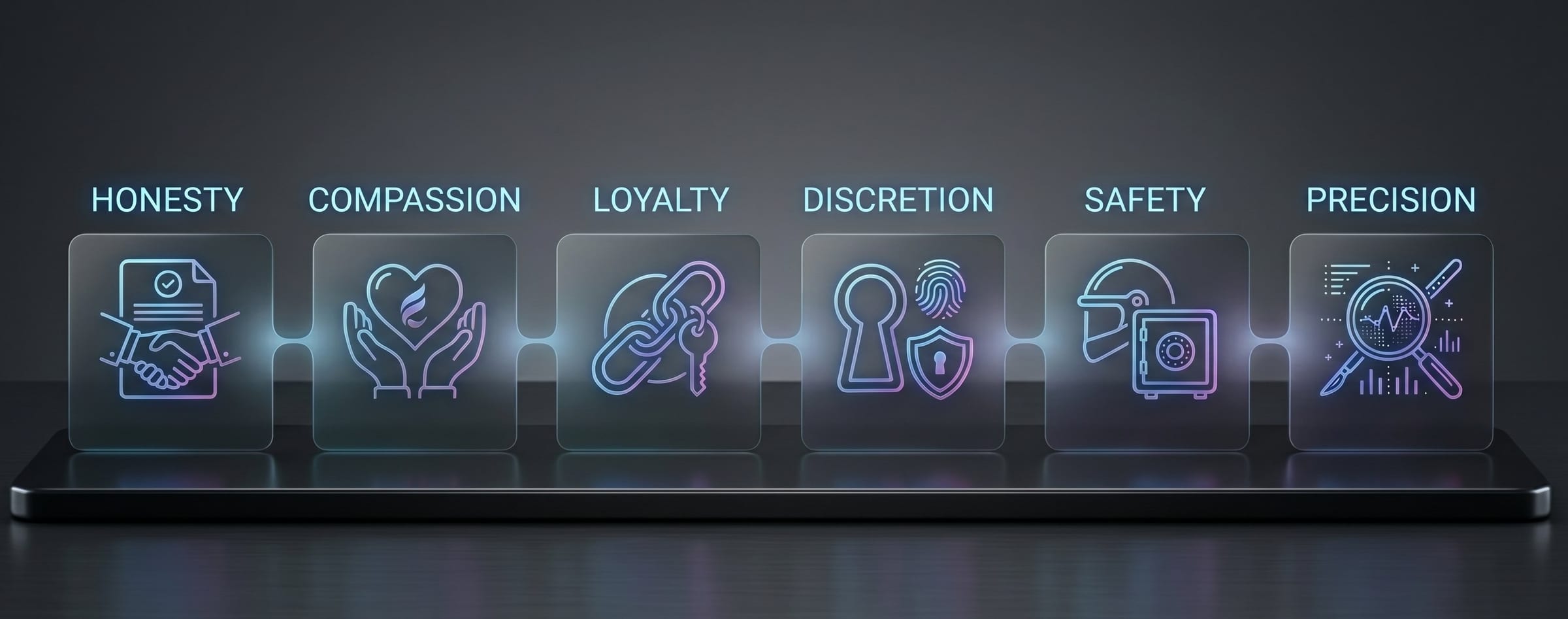 Elenova Health values — Honesty, Compassion, Loyalty, Discretion, Safety, Precision