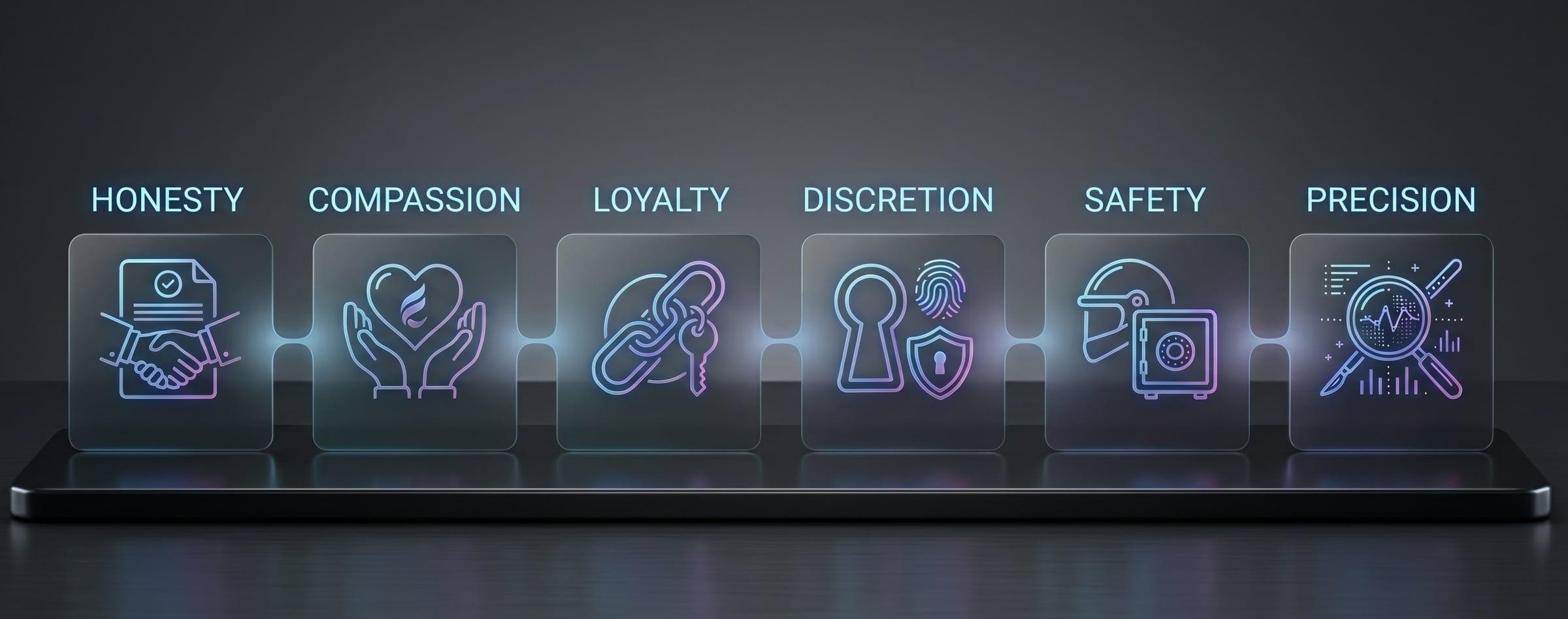 Elenova Health values — Honesty, Compassion, Loyalty, Discretion, Safety, Precision